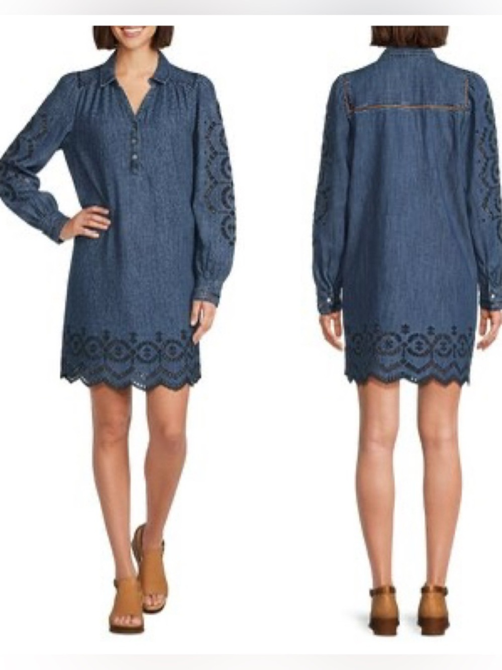 Nurture By Westbound Denim Dress Laser Cut Blue Long Sleeve Cotton Boho Western